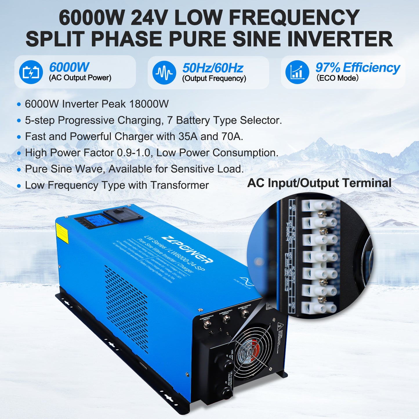 NETSOLAR 6000W 24V DC Pure Sine Wave Inverter, 18000W Peak, 120V/240V AC Split Phase Output with Battery Charger, LCD Display, Off-Grid Low Frequency Inverter for Home RV Camping (6000W)