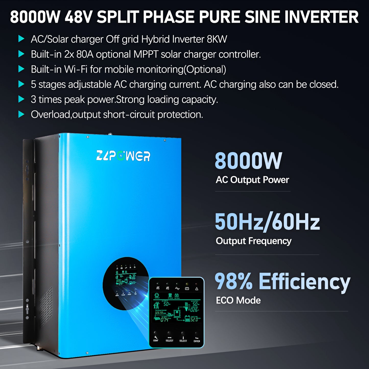 NETSOLAR 8000W 48V Off-Grid Inverter Charger, Peak Power 24000W for 20s, 240V AC Input, 120/240V Split Phase Output, Pure Sine Wave, UL1741 Certified, Built-in 2 MPPT Low Frequency for Solar System