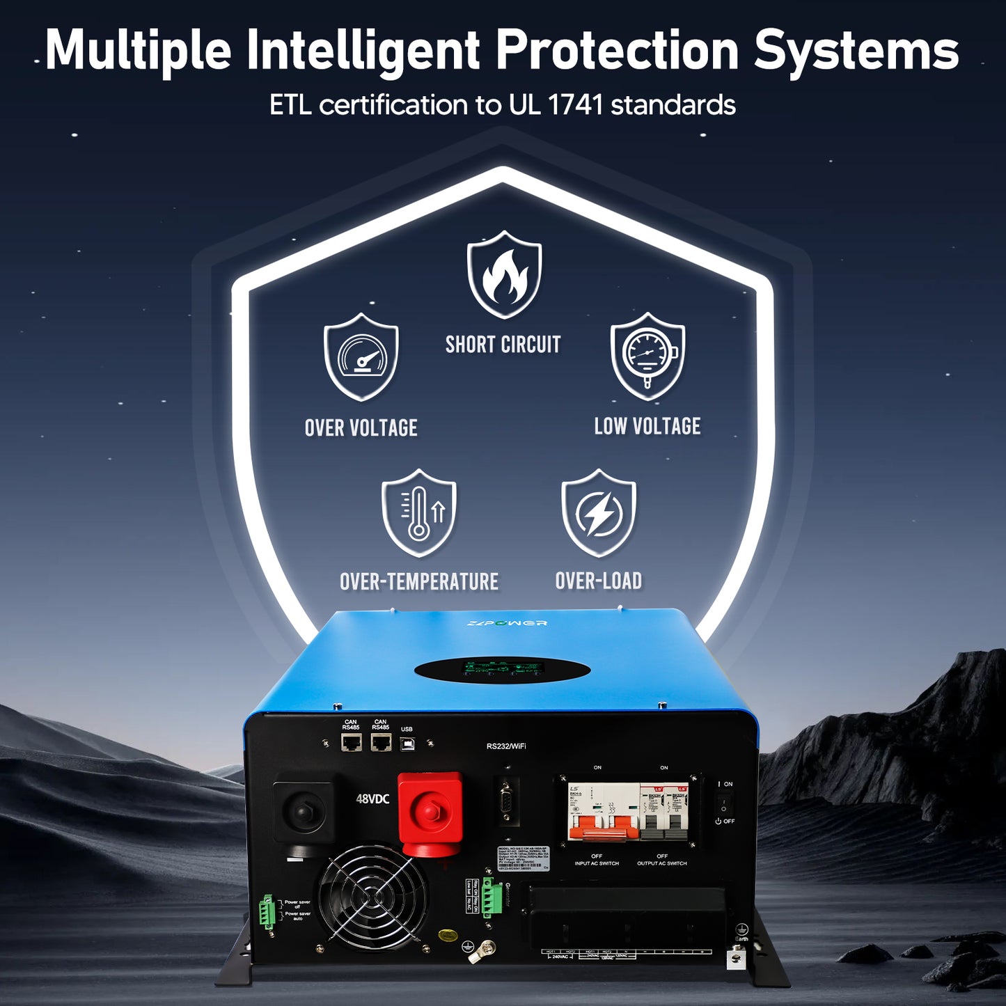 NETSOLAR 12000W 48V Off-Grid Inverter Charger, Peak Power 36000W for 20s, 240V AC Input, 120/240V Split Phase Output, Pure Sine Wave, UL1741 Certified, Built-in 2 MPPT Low Frequency for Solar System