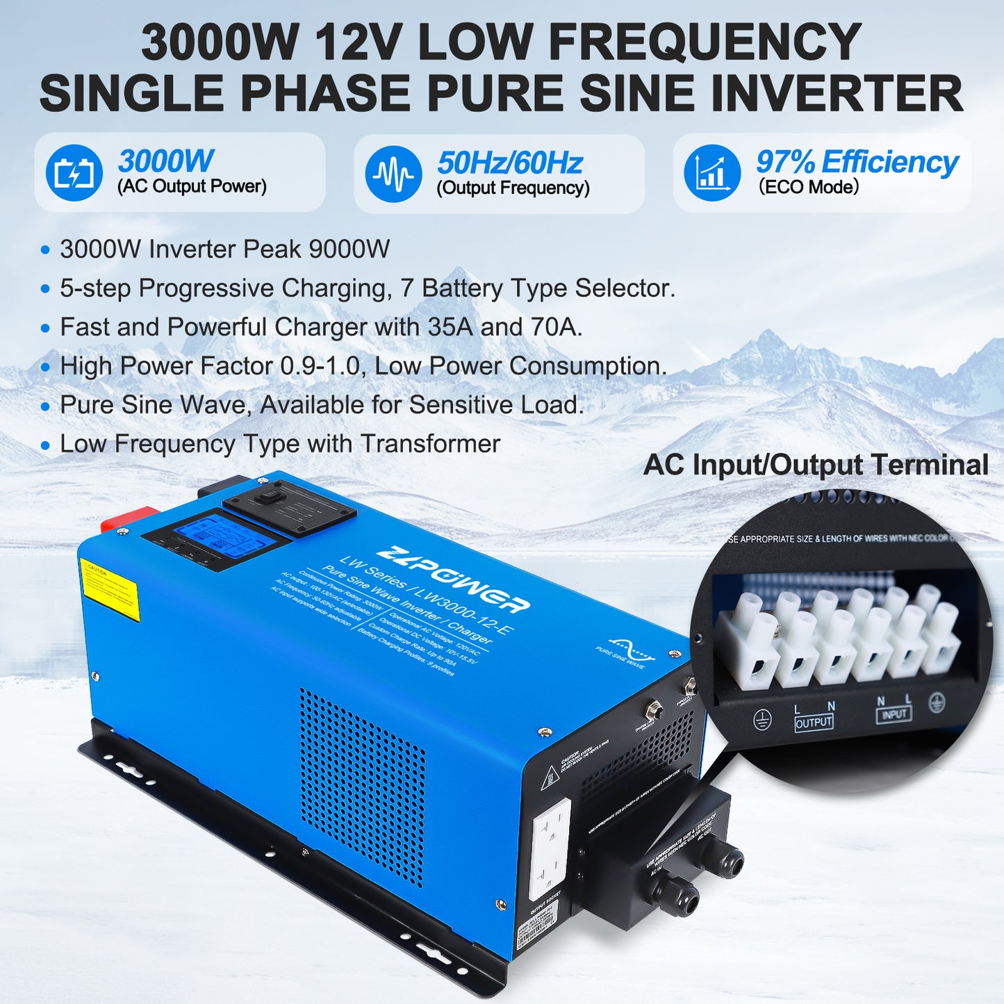 NETSOLAR 3000W 12V DC Pure Sine Wave Inverter, 9000W Peak, 120V AC Single Phase Output with Battery Charger, LCD Display, Off-Grid Low Frequency Inverter for Home RV Camping (3000W)